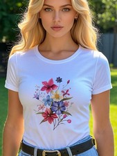 Women Floral Graphic T-Shirt Soft Cotton Casual Beach Summer Crew Neck Tee Top