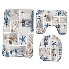 Nautical Memory Foam Bath Rug 3 Piece, Starfish Beach Seashell Lighthouse 