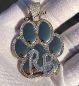 Authentic Yellow Gold Plated Silver Real Moissanite Men's RB Letters In Dog Paw Pendant