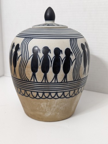 Tarro de cerámica vintage Saura Warli Tribal Mujer con tapa - Imagen 2 de 10