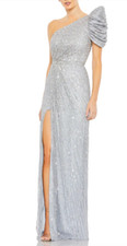 MAC DUGGAL 5622 EMBELLISHED PUFF ONE SHOULDER SILVER GOWN sz 12