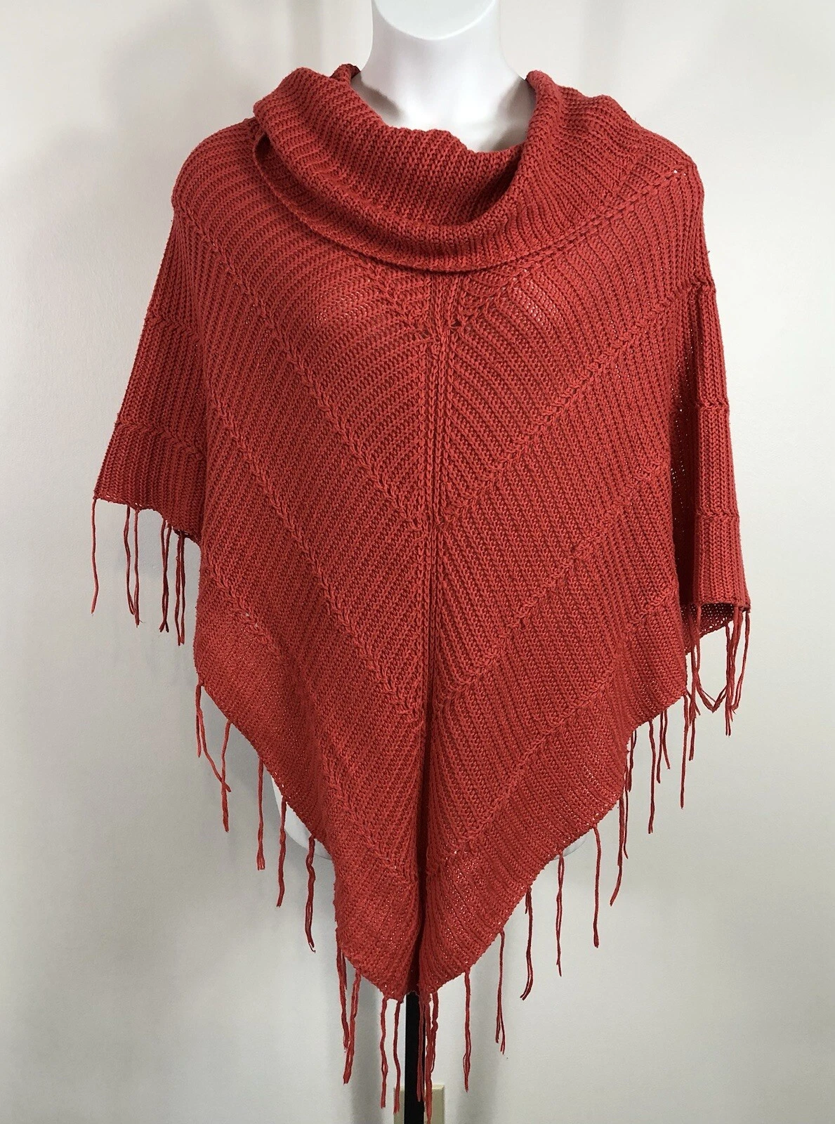 Mia Maddison Poncho Womens Large Cowl Neck Knit Coral Cape Shaw Fringe