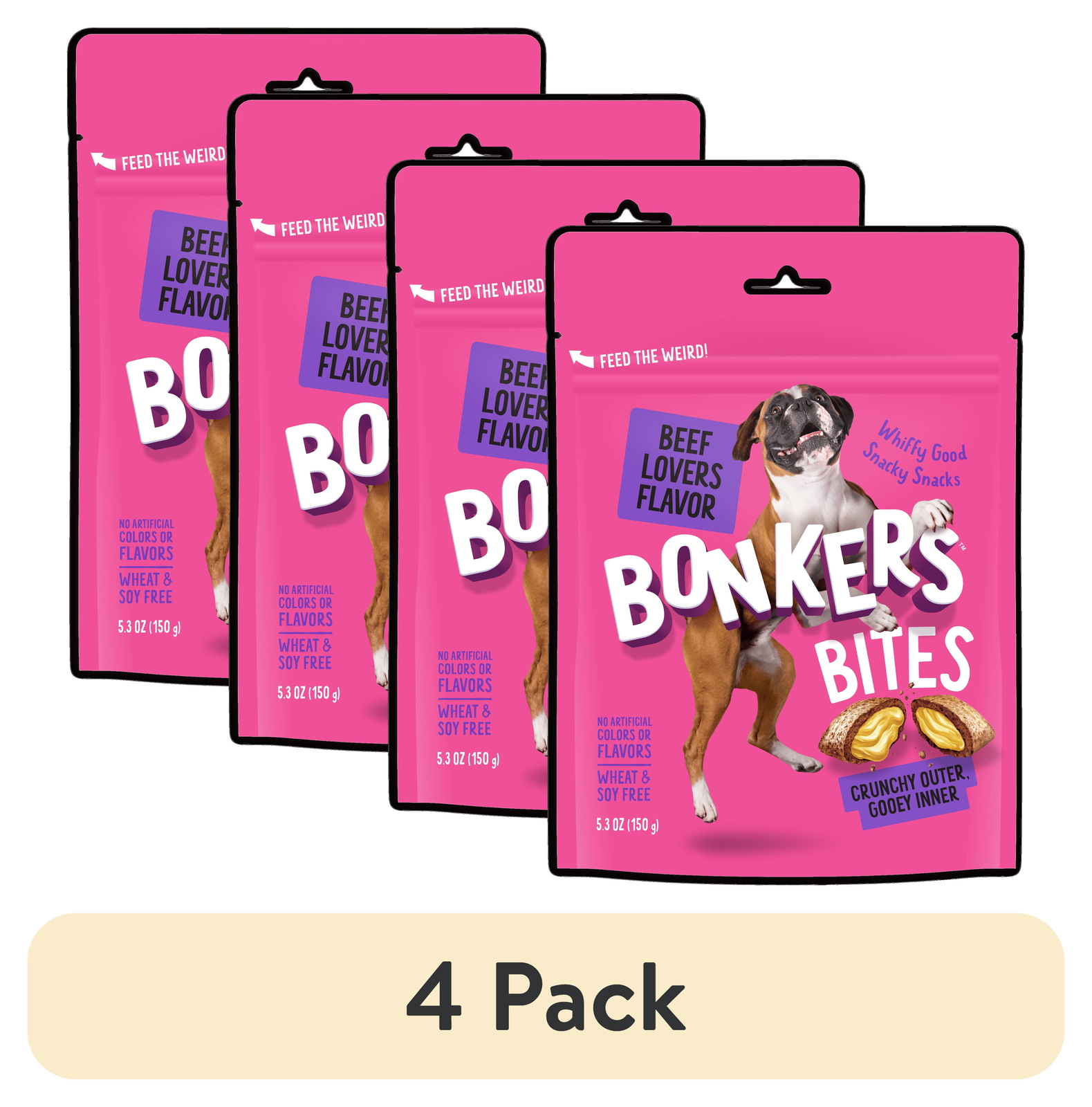 (4 pack) BONKERS Dog Bites, Crunchy & Beef Flavored Cat Treats, 5.3oz / 150g Bag