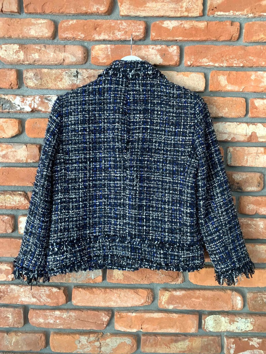 A528 ZARA WOMAN NAVY BLUE TWEED FRAYED EMBELLISHED BLAZER COAT