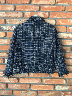 A474 ZARA WOMAN NAVY BLUE TWEED FRAYED EMBELLISHED BLAZER