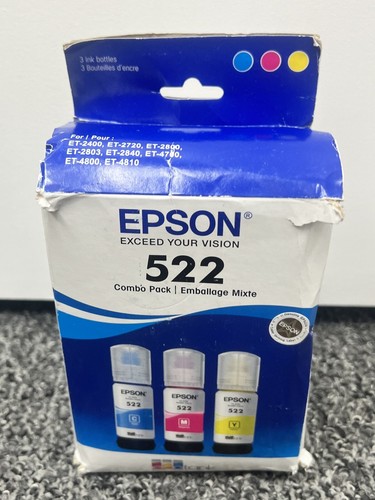 Paquete combinado de tinta genuina Epson 522 tanque ecológico cian magneta amarillo *NUEVA caja dañada* - Imagen 2 de 4
