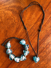 Blue Pink Black Glass Heart Pendant with Matching Bracelet