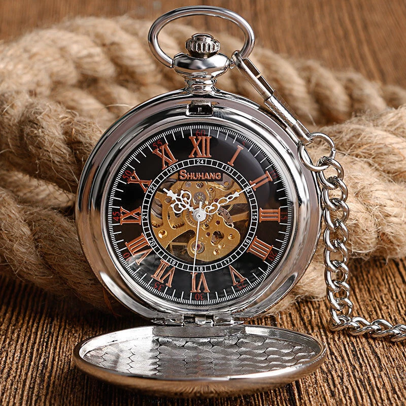 Luxury Silver Deer Elk Cover Skeleton Hand Winding Mechanical Mens Pocket Watch - Image 3 of 4