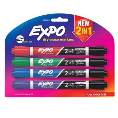 Expo Dual End 2-in-1 Markers Dry Erase Chisel Tip 4/Pk Ast Colors School Office