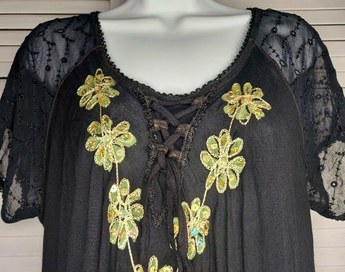 California Woman Black Boho Embroidered Tunic Top Beach Cover Patio Dress One Sz - Picture 3 of 10