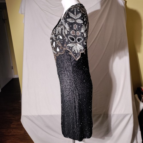 Lawrence Kazar Beaded Black and Silver Silk Party Dress Glamour -Imperfect - Picture 2 of 24