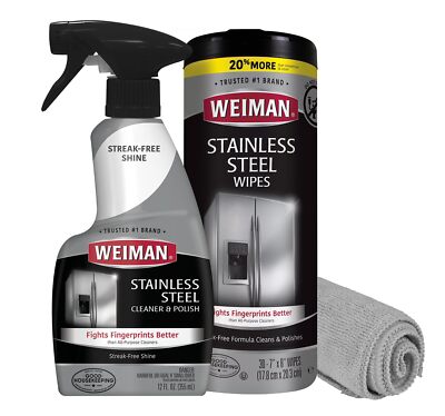 Weiman Stainless Steel Cleaner 3 Piece Set Wipes Microfiber Cloth Spray