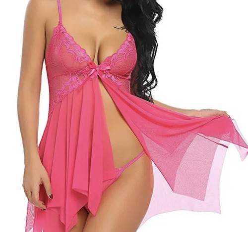 Lingerie Mini Dress G-String Underwear Transparent Ladies Babydoll Sleepwear Set - Picture 14 of 61