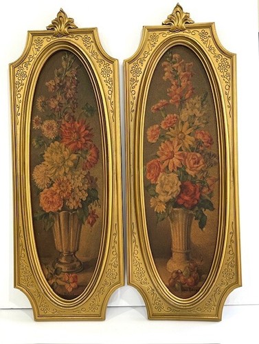 Vintage Wall Art MCM 2 Cecil Rubino Lithograph flowers 1964 Gold Ornate Print - Picture 2 of 23
