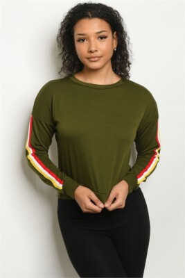 Olive Stripe Long Sleeve Top Size Small Scoop Neck 