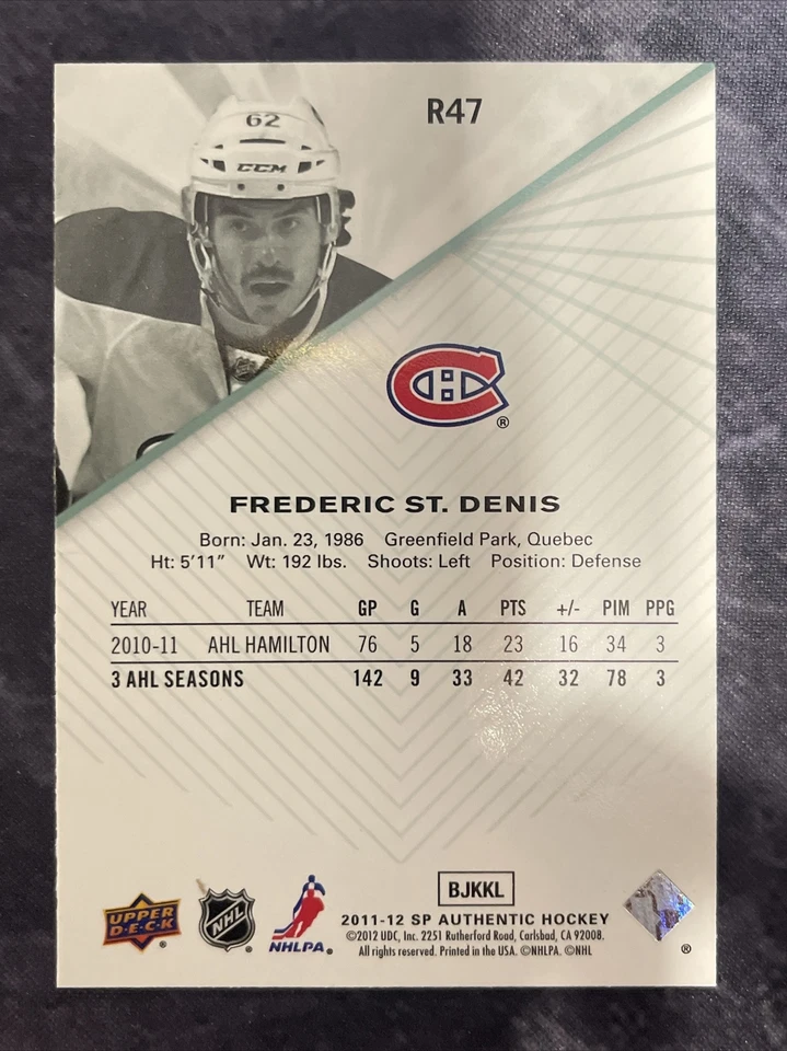 2011-12 SP Authentic Rookie Extended R47 Frederic St. Denis Montreal Canadiens  - Image 2 of 2