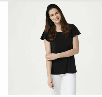 Susan Graver Liqud Knit Scoop-Neck Flutter Slv Top-Solid Black-Small-A352187-NEW
