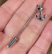 Stick pin lapel hat brooch Boat Anchor Nautical dangle charm silver tone 2.25”