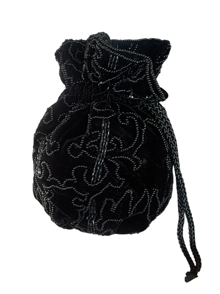 Vintage DELILL Beaded Evening Purse Bag Black Drawstring Mini Bucket - image 2 of 4