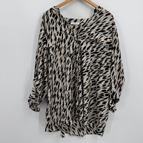 Calvin Klein Womens Animal Print Button Up Blouse 3X Roll Tab Sleeves Stretch