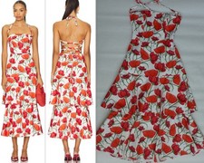 MILLY 475 Women's 10 Open Cross Back Red Peonia Poplin tiered Midi Dress