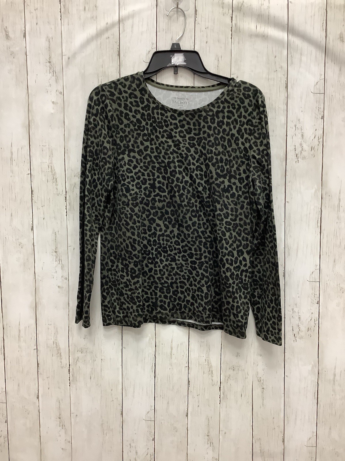 Talbots Large Petite Green & Black Leopard Print Long Sleeve Crewneck T-Shirt