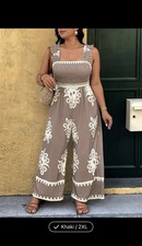 Women's Khaki Casual Strap Jumpsuit, Wide-Leg Bottoms, High Waist Sz XXL