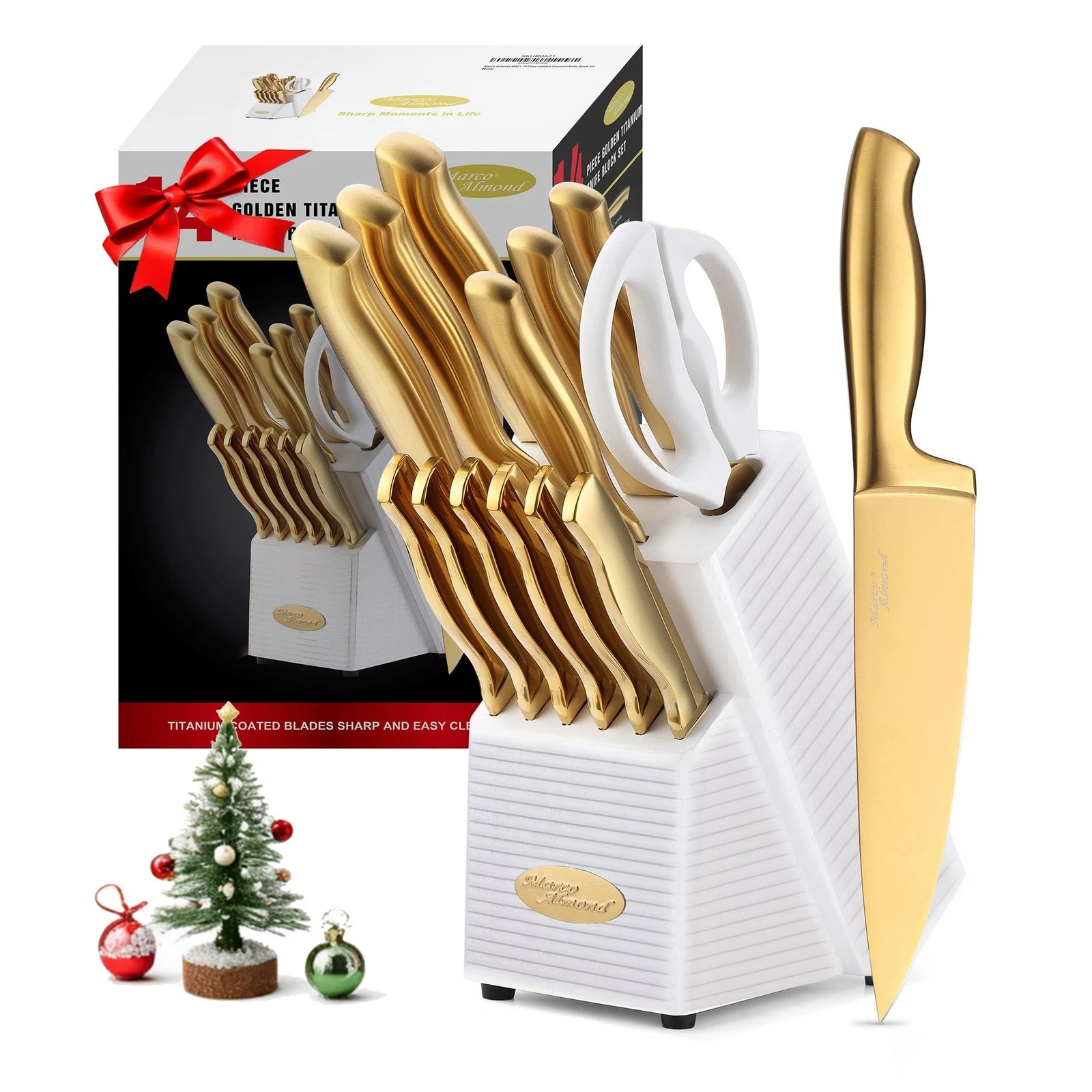 ® Gold Set, Block Set MA21,Titanium Coated 14 Pieces Stainless Steel Chef Gol...