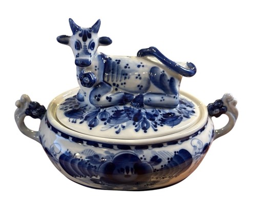 Statuina mucca zuccheriera/caramelle vintage stile russo Gzhel blu e bianco 7,5” x 5” - Foto 5 di 5