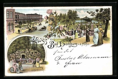 Lithographie Bad Homburg v. d. Höhe, Kurhaus, Elisabethen-Brunnen, Ludwigs-Brun 