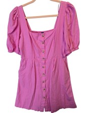 Old Navy Pink Button Front Smocked Puff Sleeve Mini Dress Sz M Linen Blend Girly