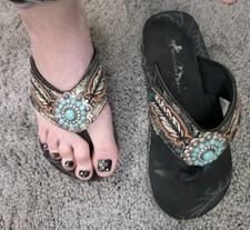 Montana West Used Womens Size 8.5 Turquoise Wedge Flip Flop Rhinestone