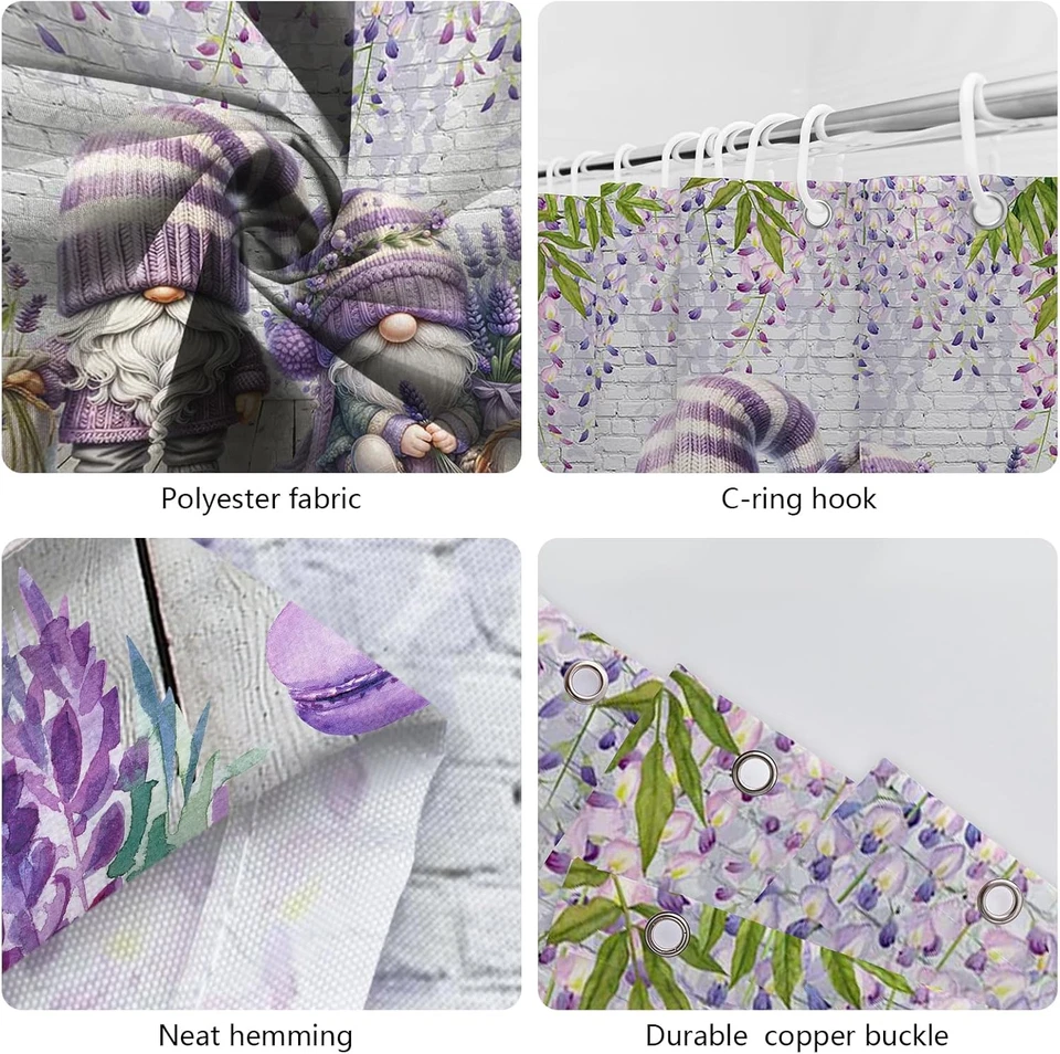 Cortina de Ducha Lavanda Púrpura Gnomo Floral Impermeable Tela Cortina de Baño 72x72 Foto 4 de 4