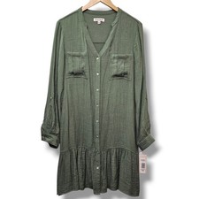 Nanette Lepore Shirt Dress 10 Olive Green Tiered Textured Gauzy Preppy Boho NEW