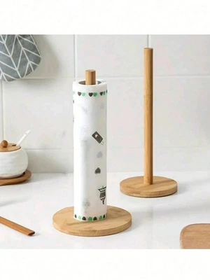Wooden Roll Paper Towel Holder Tissue Vertical Stand Paper Kitchen Storage Rack