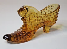 Fenton Hobnail Cat Head Glass Shoe Slipper Collectible Autumn Amber Color