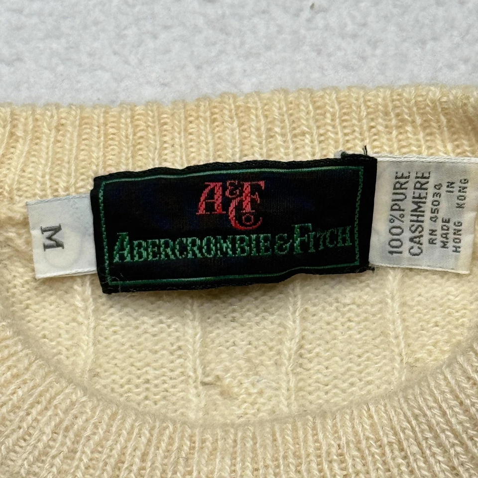 Suéter De Colección Abercrombie & Fitch Para Hombres Mediano Crema Cachemira Tejido por Cable Años 90 Foto 4 de 4