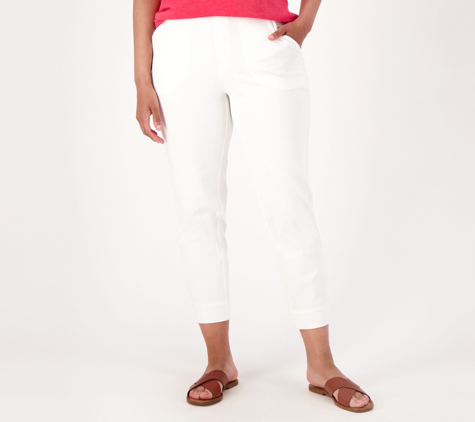 Denim & Co. Women's Petite Pants PM Comfy Knit Air Straight Crop White A605787