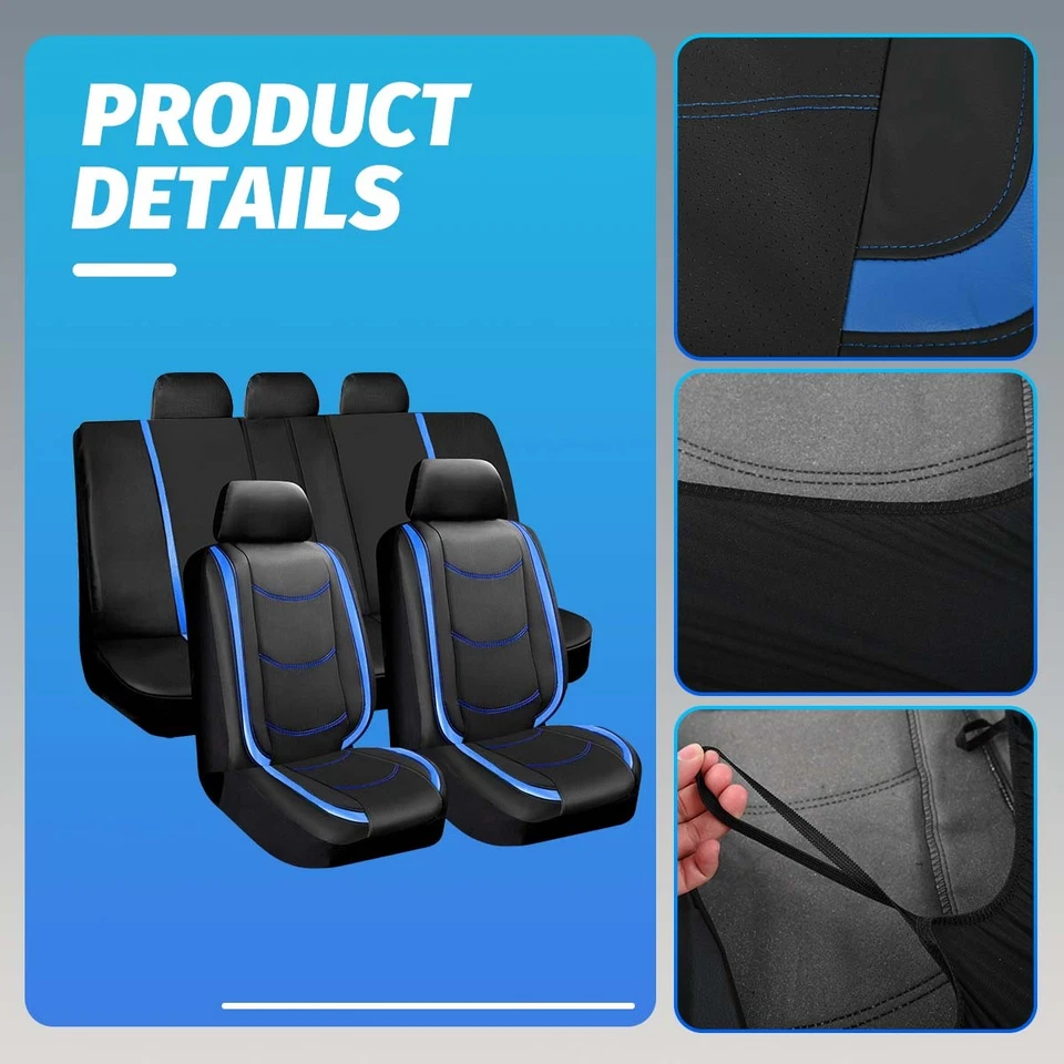 For Audi A2 A3 A4 A5 A6 A7 A8 Quattro Seat Cover 5 Seats Full Set PU Black+ Blue Foto 3 de 4