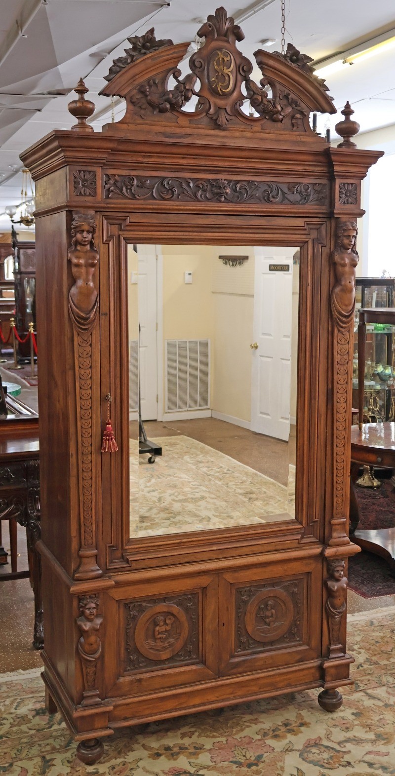 19th Century Italian Carved Walnut Figural Renaissance Revival Wardrobe Armoire
