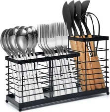 Kitchen Utensil Holder Black Stainless Steel with 3-Compartment Divider