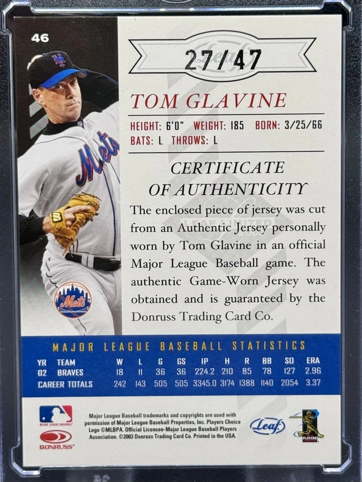 2003 Leaf Limited Tom Glavine 2 色比赛穿用球衣布贴/47 大都会队 — 第 2/2 张图片