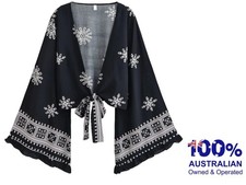 Black Boho Tie Front Floral Print Short V Neck Kimono Short Sleeve Robe