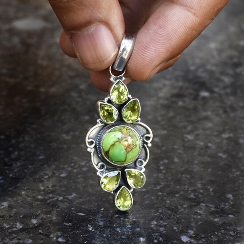 925 Sterling Silver Lab Created Turquoise Gemstone Boho Designer Necklace - Picture 2 of 5