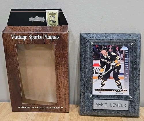 Vintage Sports Plaques MARIO LEMIEUX 4" X 6: Marble Look Wood Plaque NIB - Picture 1 of 4