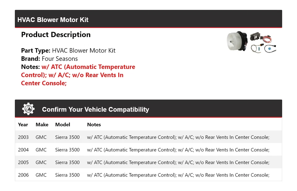 Kit de motor soplador de climatización para GMC Sierra 3500 2003-2006 4 estaciones 2004 2005 Foto 2 de 3