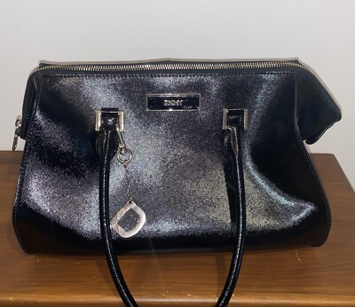 DKNY Black Shiny Saffiano Leather Very Good