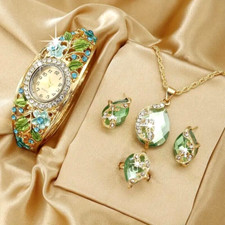 5pcs Fashion Women Baroque Flower Rhinestone Quartz Bangle Watch & Jewelry Set