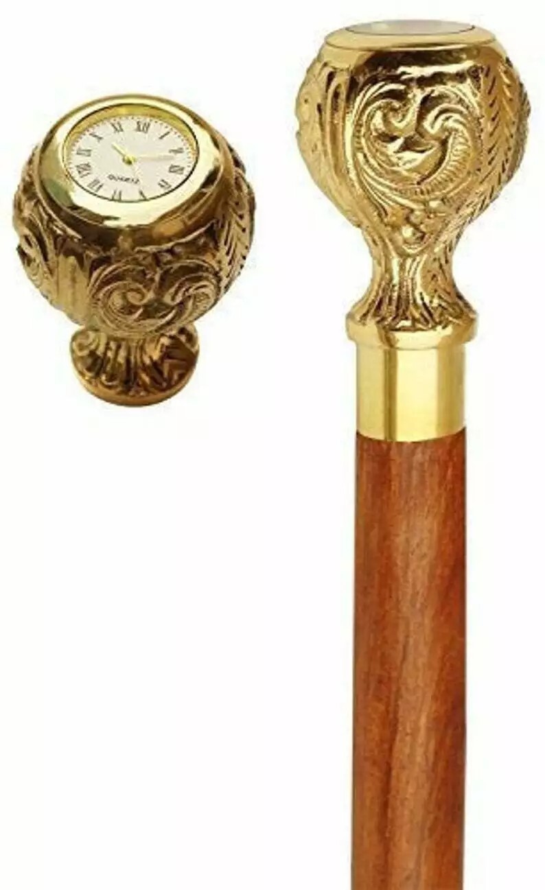 37'' Wooden Walking Cane with Brass Working Roman Clock Round Handle ...