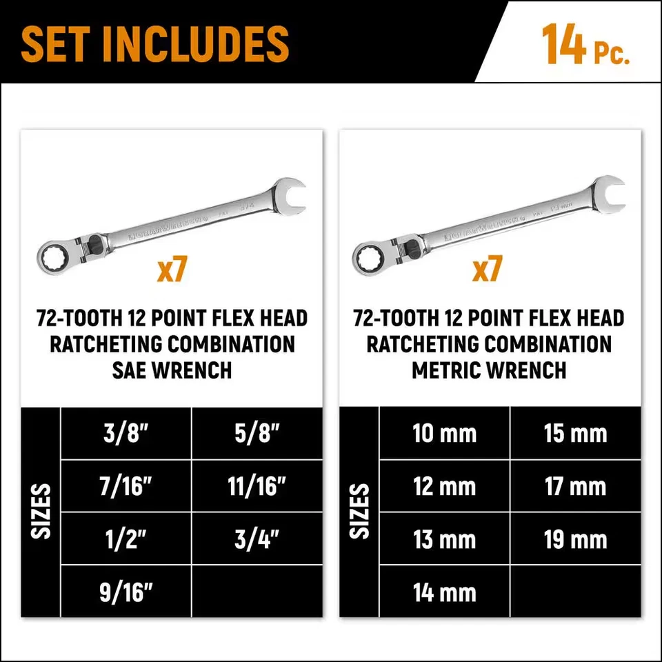 Sae/Metric 72-Tooth Flex Head Combination Ratcheting Wrench Tool Set (14-Piece) - Image 3 of 4
